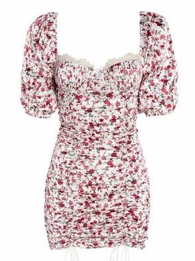 For Love & Lemons White and Red Floral Ruched Mini Dress